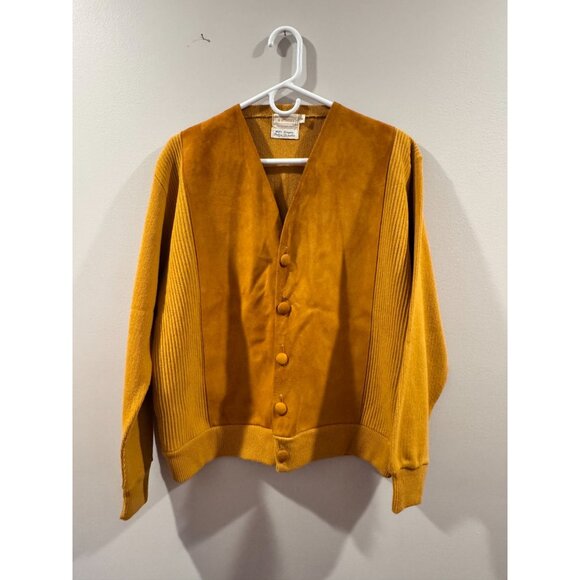 VTG Mustard Yellow Brent Montgomery Ward Cardigan Sweater XL Orlon Acrylic Suede - Picture 1 of 5